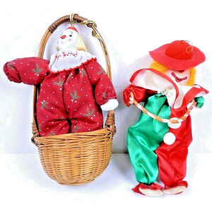 Vintage Enesco Clown Figures Hanging in Basket Cloth Pair of 2 1985 RUSS 1980's